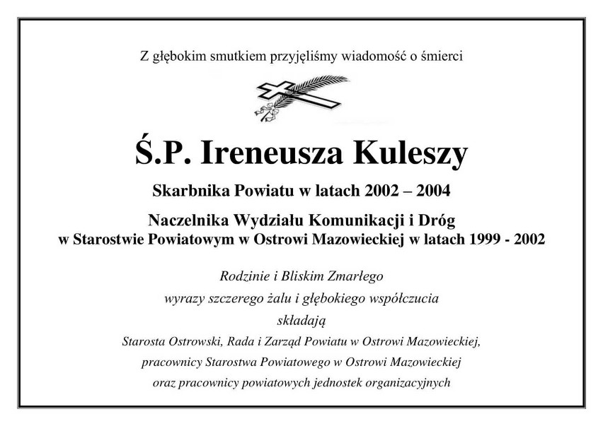 Zmarł Ireneusz Kulesza. Był skarbnikiem powiatu oraz naczelnikiem wydziału komunikacji i dróg w Starostwie Powiatowym w Ostrowi Mazowieckiej