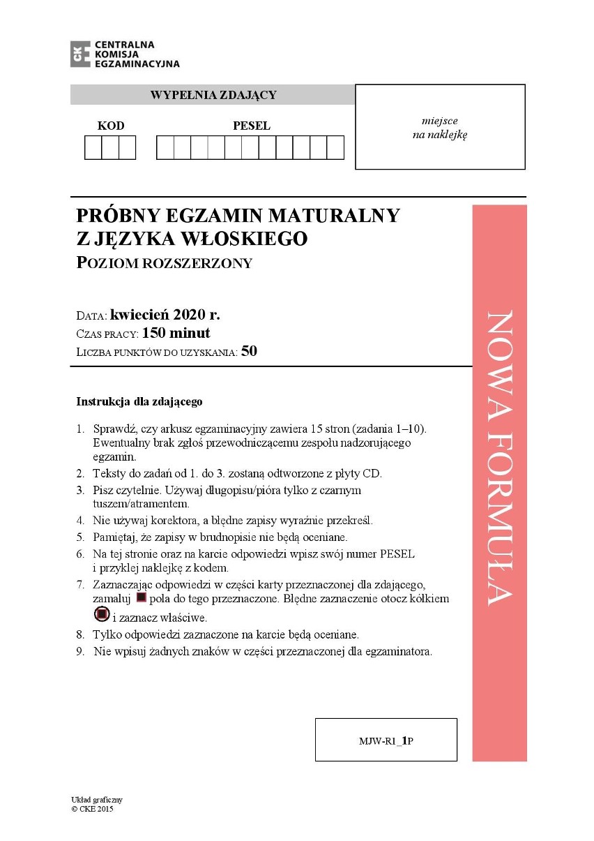 MATURA PRÓBNA 2020: Język włoski - poziom rozszerzony. Zobacz arkusz maturalny z 6 kwietnia i klucz odpowiedzi z 15 kwietnia 2020 r. 