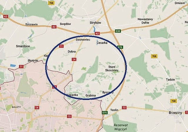 Do Łodzi miałyby zostać przyłączone tereny zaznaczone na mapie kółkiem.