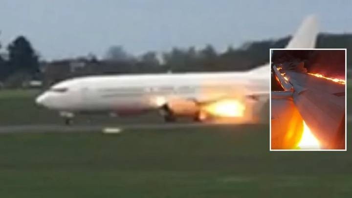 Samolot z płonącym lewym silnikiem podczas startu z lotniska...