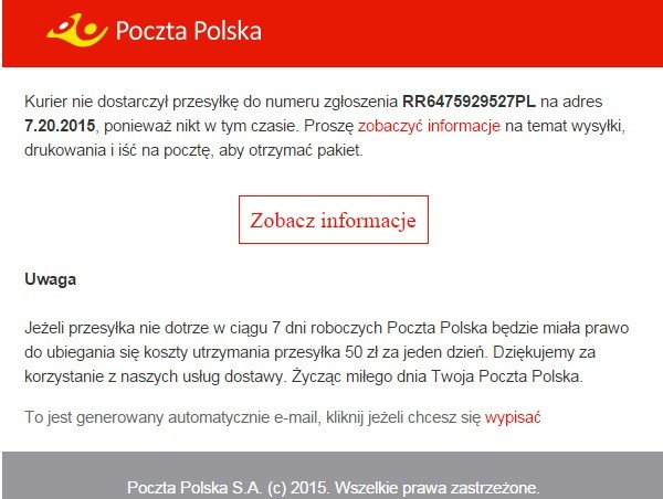 Jeśli w ostatnich dniach otrzymaliście podejrzanie wyglądającego maila, którego nadawca podawał się za Pocztę Polską i informował o rzekomo nieodebranej przesyłce, to najprawdopodobniej padliście ofiarami internetowych oszustów. Kliknięcie w wysłany przez nich link może mieć poważne konsekwencje dla Waszego komputera. Eksperci z firmy ESET mają kilka porad.