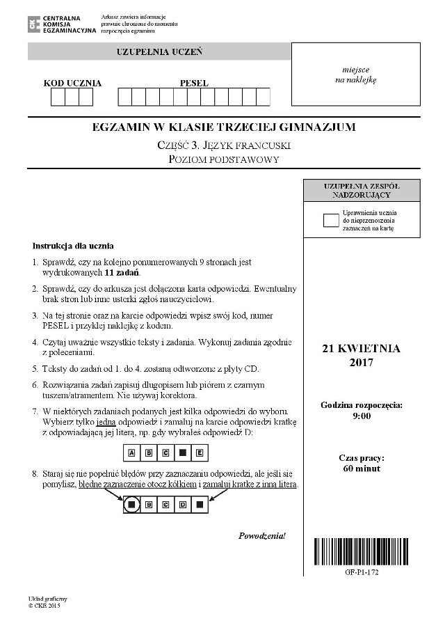 Powyżej arkusze z dzisiejszego egzaminu gimnazjalnego z francuskiego na poziomie podstawowym.Na kolejnych slajdach prezentujemy arkusze i odpowiedzi z egzaminu gimnazjalnego z niemieckiego na poziomie podstawowym.Podane odpowiedzi są sugerowane.