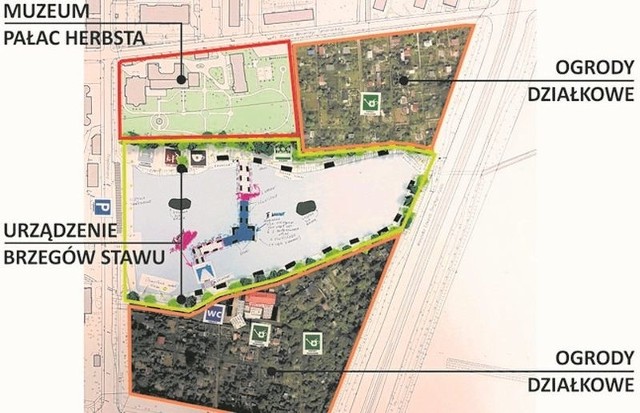 Wariant nr 2 przewiduje pozostawienie ogródków działkowych i zagospodarowanie tylko brzegów stawu.