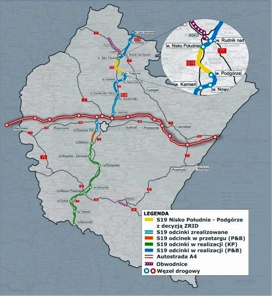 Na żółto zaznaczony odcinek S19, który będzie teraz budowany, na niebiesko odcinki 19 już zrealizowane, na zielono realizowane