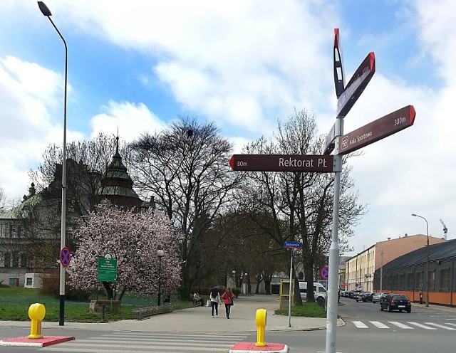 Rektorat Politechniki Łódzkiej na wprost. Ale drogowskaz pokazuje: skręć w lewo