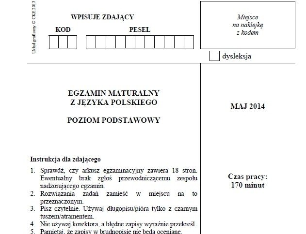MATURA 2014 z CKE. JĘZYK POLSKI (P. PODSTAWOWY) [ARKUSZ, PYTANIA, ODPOWIEDZI]  | Dziennik Bałtycki