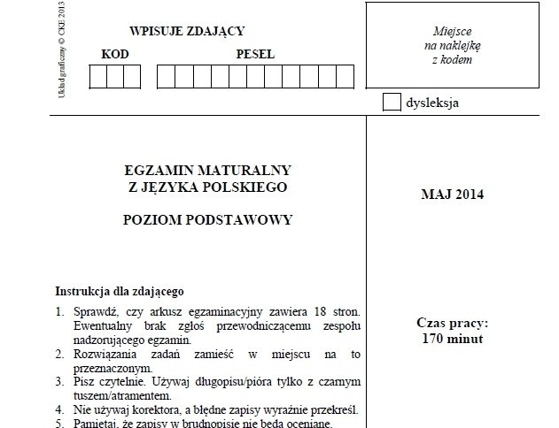 MATURA 2014 z CKE - JĘZYK POLSKI. TEST Z JĘZYKA POLSKIEGO...