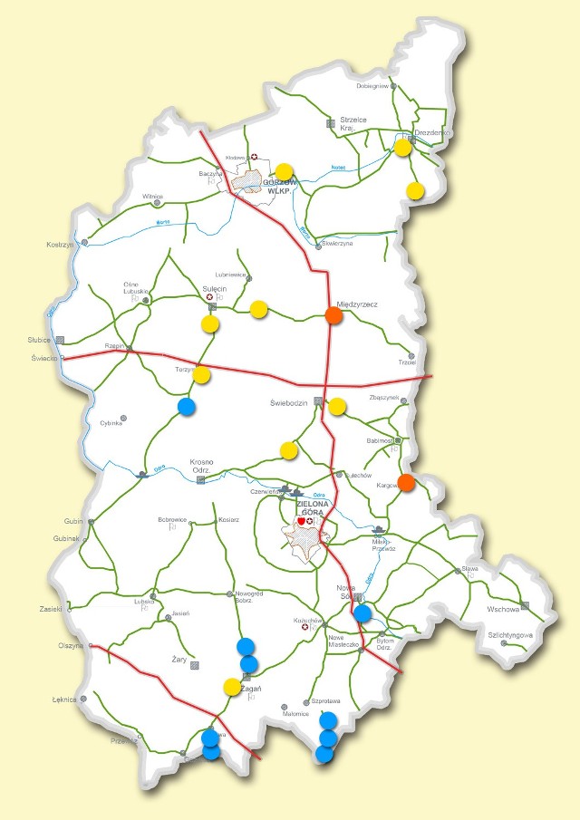 Mapa "Lubuskiej ofensywy na drogach" w 2014 r.Niebieski znak - zadania realizowane z pieniędzy Lubuskiego Regionalnego Programu OperacyjnegoCzerwony znak - zadania realizowane z budżetu województwaŻółty znak - zadania planowane w ramach nowej perspektywy budżetowej Unii Europejskiej 2014-2020