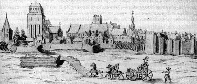 Widok Tczewa od strony północnej według rysunku z „Dziennika” Abrahama Boota z lat 1627-1628.