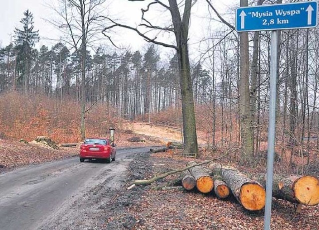 Dojazd ulicą Żeglarską w Świątkach, ciężki transport z drewnem rozjeżdża drogę.