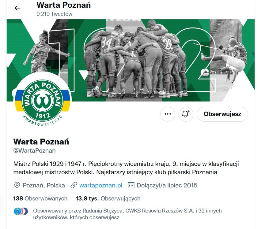 15. miejsce: Warta Poznań - 13.944 obserwujących na...