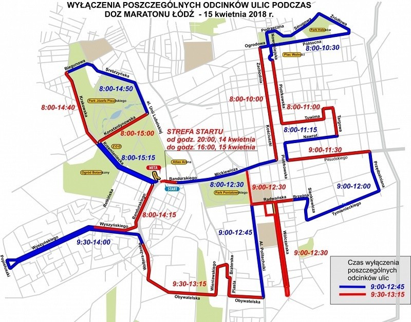 Trasa maratonu z zaznaczonymi godzinami wyłączeń z ruchu...