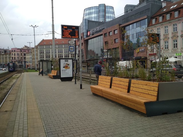 Na przystanku "Rynek" stanęły trzy ławki z donicami