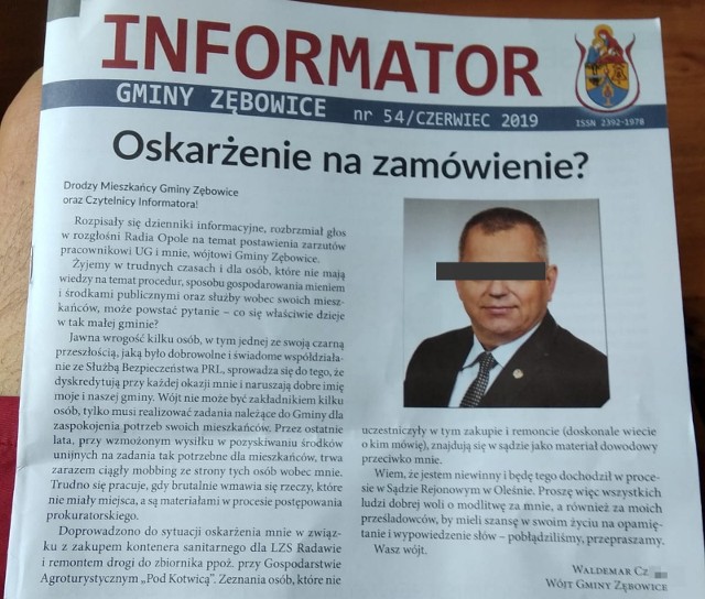 Jedynka „Informatora Gminy Zębowice”. Wójt Waldemar Cz. pyta retorycznie, czy prokuratorskie oskarżenie jest na zamówienie niewymienionych z nazwiska wrogów, mobberów i agenta.