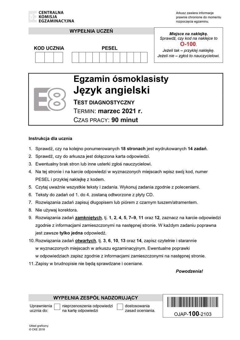 Próbny egzamin ósmoklasisty 2021: język angielski. ARKUSZ CKE + ODPOWIEDZI Rozwiązania testu z angielskiego