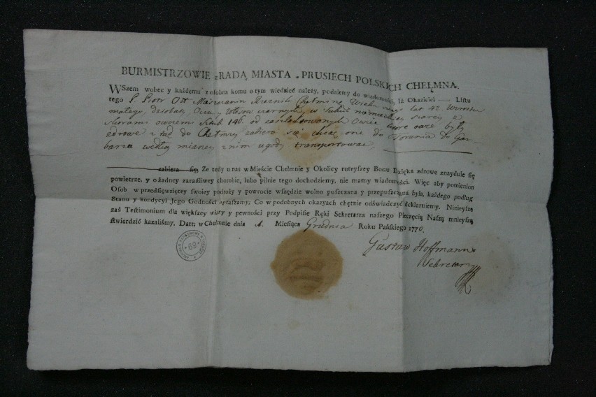 Paszport dżumowy, jaki w grudniu 1770 roku wystawiły władze...
