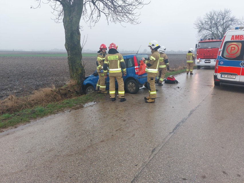 Wypadek w miejscowości Złota. Fiat zjechał z drogi i uderzył w drzewo. Kierowca w szpitalu