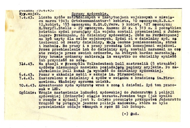 Fragment dokumentu Armii Krajowej z 1943 r., którego skan jest w zbiorach Muzeum Narodowego Ziemi Przemyskiej.