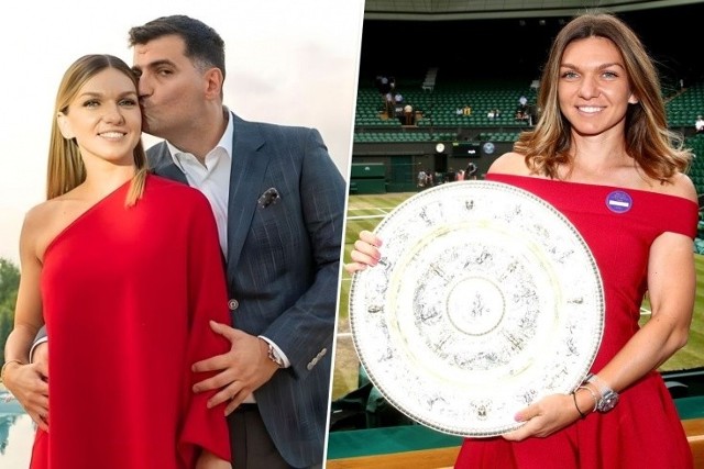 Simana Halep z byłym meżem Tonim Iurucem oraz trofeum Wimbledonu
