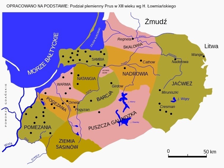 Podział plemienny Prus w XIII wieku.