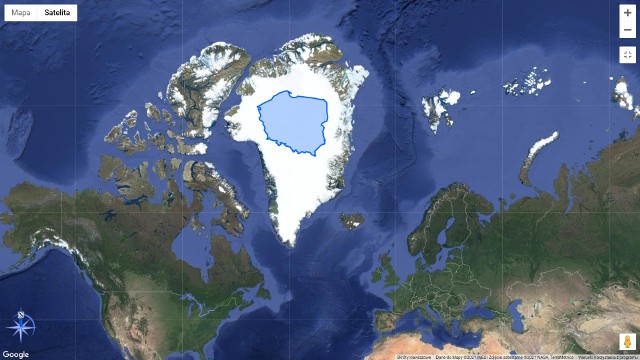 Strona The True Size Of pozwala przesuwać po mapie kontury krajów. Program przelicza ich rzeczywistą skalę, tak by można było porównać rozmiary krajów bez zniekształceń, typowych dla zwykłych dwuwymiarowych map.Choc na tzw. mapie Merkatora Grenlandia wydaje się wielka jak cały kontynent, w rzeczywistości jest tylko ok. 7 razy większa od Polski.