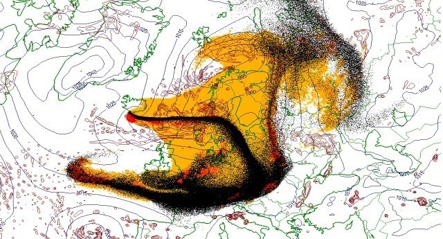 Grafika przedstawiająca rozprzestrzenianie się pyłu wulkanicznego opracowana przez norweskich meteorologów na dzień 17 kwietnia.