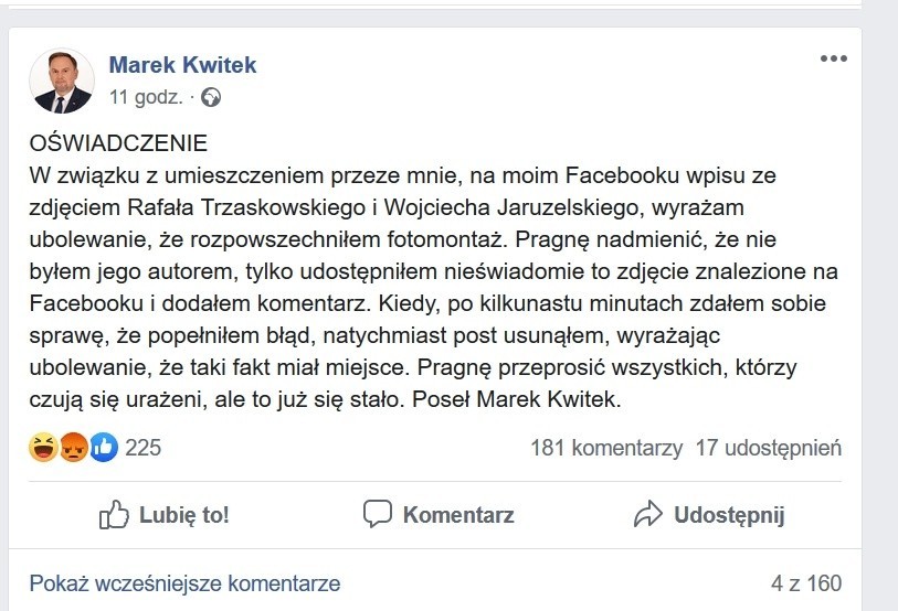 Poseł Marek Kwitek z Sandomierza na Facebooku porównał Trzaskowskiego do Jaruzelskiego. Zrobiła się burza, poseł przeprasza