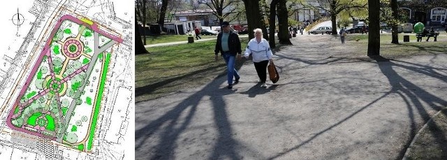 Po lewej projekt zagospodarowania parku. Na zmiany przeznaczono 1,2 mln zł. Po prawej - tak dziś wygląda park przy ulicy Kołłątaja. Jeszcze w tym roku to miejsce zmeini swoje oblicze &#8211; zapewniają władze miasta.