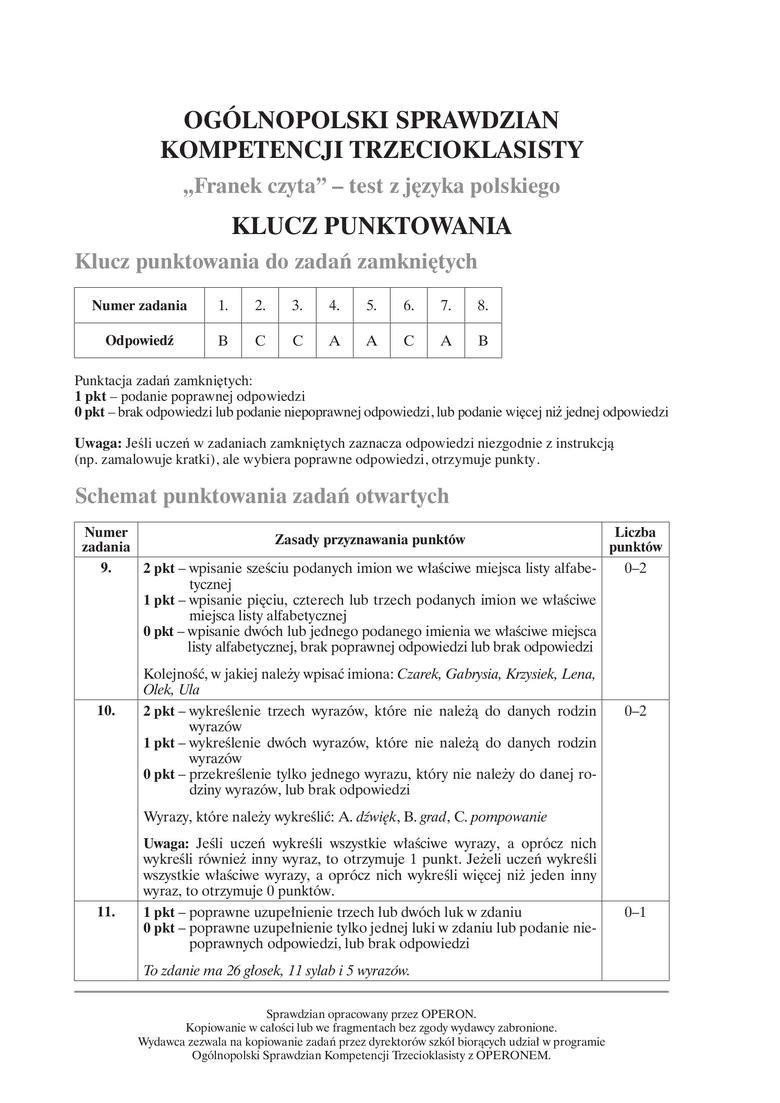 Sprawdzian Trzecioklasisty 2016 Operon ARKUSZE ODPOWIEDZI Dziennik 