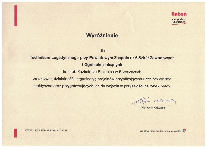 Europejski certyfikat i wyróżnienie dla logistyków z PZ nr 6 w Brzeszczach