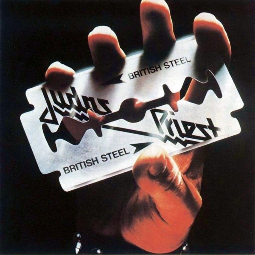 Okładka albumu "British Steel" Judas Priest. Dłoń trzymająca...