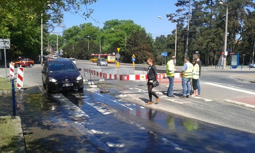 Wrocław: Awaria wodociągu przy zoo. Woda leje się na ulicę, tworzą się korki (FOTO)