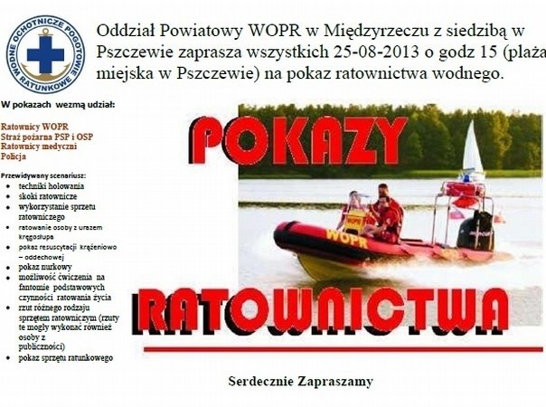 W niedzielę na plaży nad jez. Szarcz w Pszczewie odbędą się pokazy ratownictwa wodnego.
