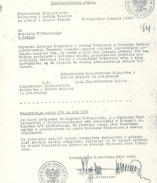 Ministerialne potwierdzenie z 1945 roku, że ziemie na Ławicy...