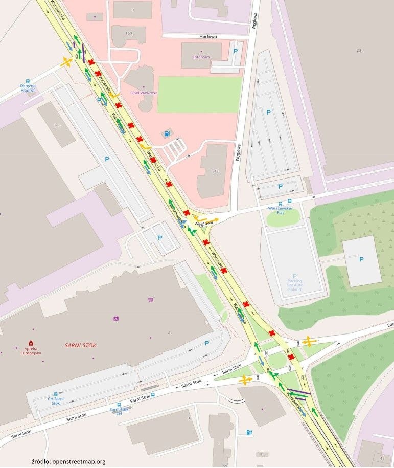 Mapa przedstawia zamknięcie odcinka ulicy Warszawskiej od...