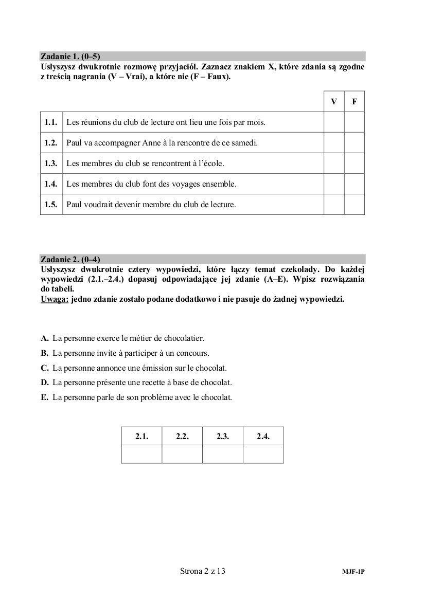 Matur 2015 język francuski, poziom podstawowy