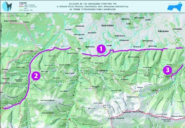 Na mapie zaznaczone są trasy po Drodze pod Reglami, na Kalatówki i do Doliny Chochołowskiej