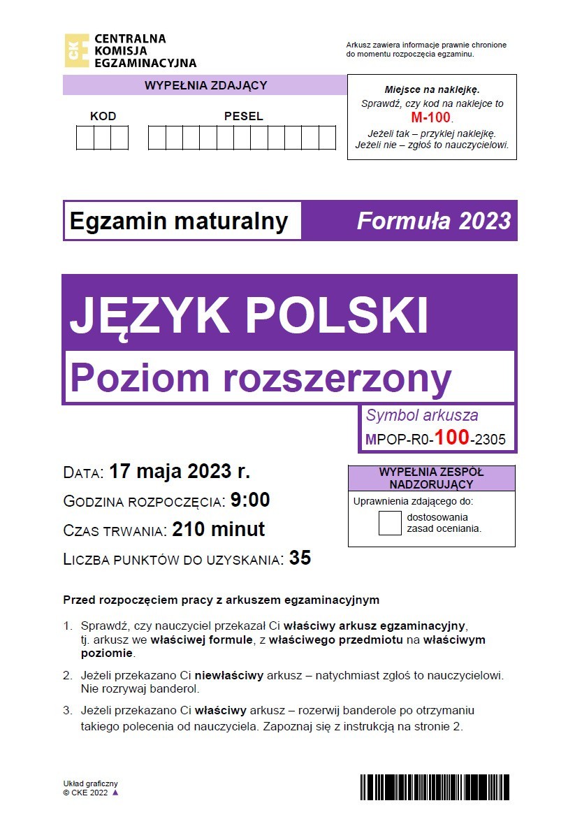 Matura rozszerzona z polskiego 2023 - arkusz CKE
