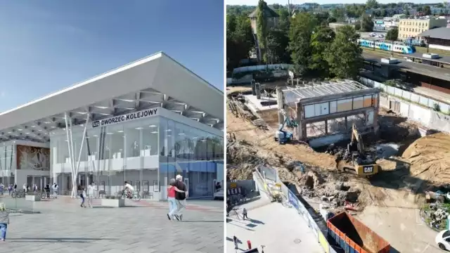 Wizualizacja nowego dworca PKP w Koszalinie (z lewej). Z prawej stary dworzec po rozbiórce.