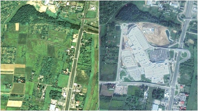 IKEA Lublin. Po lewej: teren w 2007 r. Po prawej: gotowa inwestycja