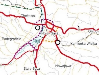 Na schemacie drogowym jasna fioletowa linia przerywana to obwodnice Podegrodzia i Starego Sącza. W kierunku północnym biegnie dalszy ciąg drogi wzdłuż Dunajca. To o niego toczy się spór. FOT. WIZUALIZACJA INWESTYCJI