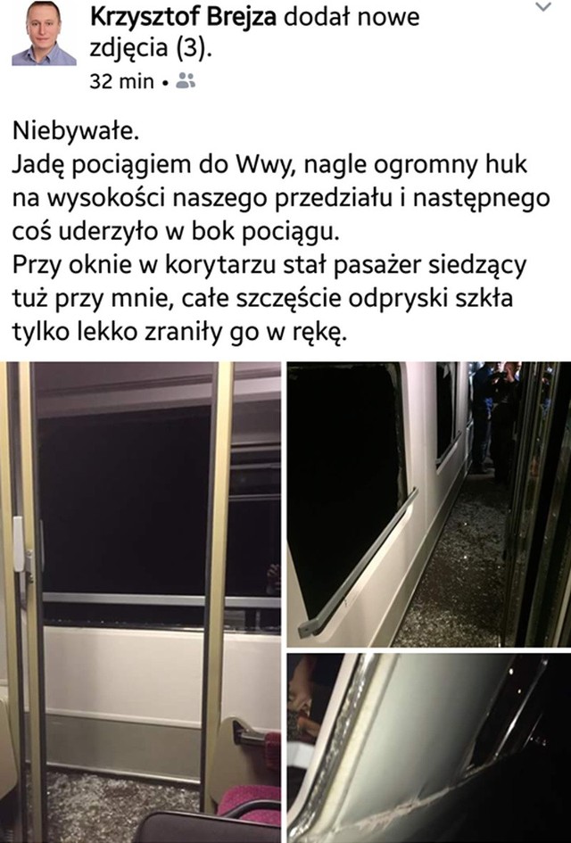 O dużym szczęściu może mówić poseł Krzysztof Brejza i pasażerowie pociągu, w który uderzyła wczoraj wieczorem maszyna rolnicza. "Jadę pociągiem do Warszawy, nagle ogromy huk na wysokości naszego przedziału i następnego - coś uderzyło w bok pociągu" - opisywał zdarzenie poseł Krzysztof Brejza na Facebooku. "Przy oknie korytarzu stał pasażer, siedzący tuż przy mnie, całe szczęście, odpryski szkła tylko lekko zraniły go w rękę".więcej o zdarzeniu na kolejnych planszach galerii ►►►zobacz także tragiczny wypadek niedaleko Wrocławia: