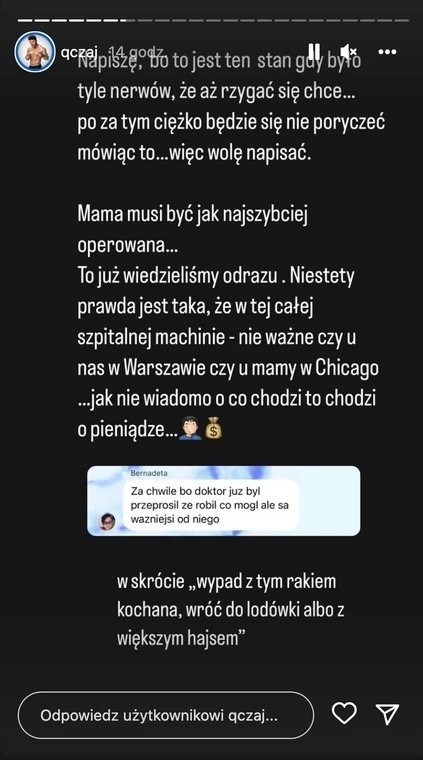 Mama Qczaja ma raka i potrzebuje pilnej operacji. Trener mówi o skandalicznym podejściu szpitala w Chicago