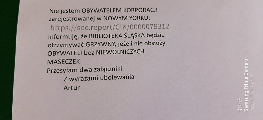 Zajadli przeciwnicy maseczek atakują Bibliotekę Śląską. Zasypują pracowników napastliwymi mejlami, obrzucają wyzwiskami