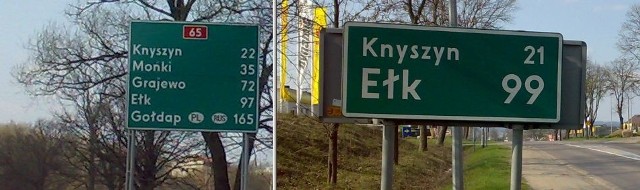 Najpierw jest znak po lewej (97 kilometrów), później znak po prawej (99 kilometrów do Ełku)