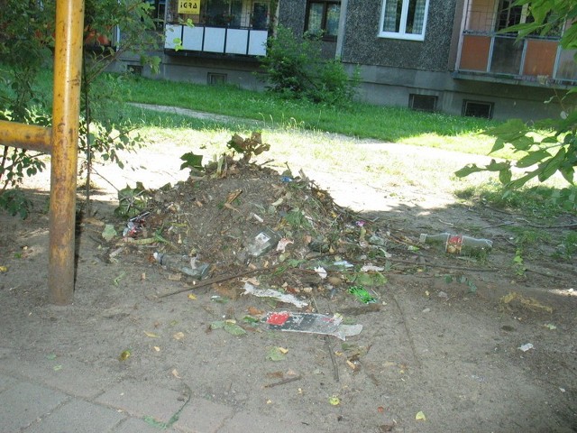 Wczoraj ktoś zaczął sprzątać na chodniku koło zielonego rynku. Część śmieci zgarnął na kupkę i zostawił.