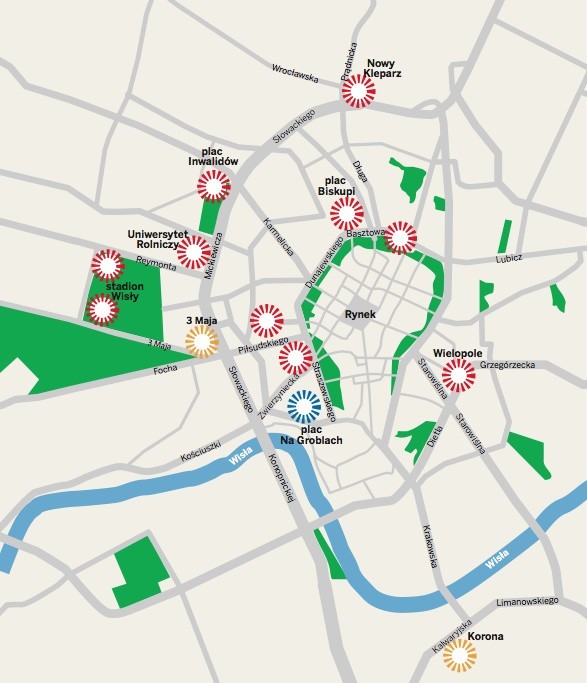 Na niebiesko zaznaczyliśmy gotowy parking podziemny przy pl. Na Groblach (pierwsza godz. latem: 8.50 zł), na żółto - powstające parkingi przy MNK i Koronie, a na czerwono - planowane inwestycje.