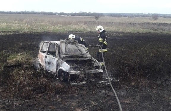 W Biechowie, w gminie Pacanów spłonął fiat cinquecento. Wszystko przez pożar traw? 