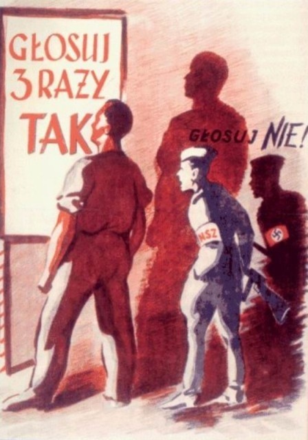 Komunistyczny plakat propagandowy wzywający do głosowania 3x...
