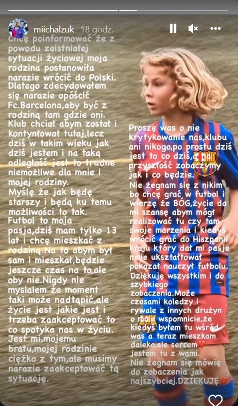 Michał Żuk odszedł z FC Barcelony. "Mam tylko 13 lat i chcę mieszkać z rodziną"